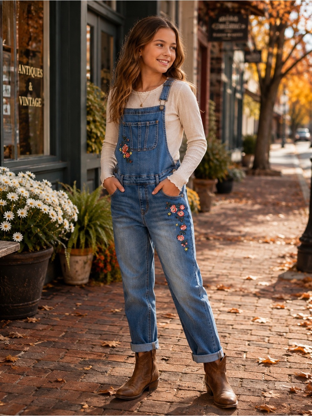 Wonderly Girls Large Floral Embroidered Denim Overalls Boho Stretch Jeans